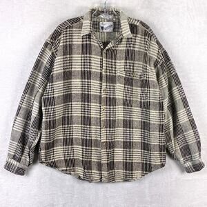 VTG Goouch Shirt Men L Beige Black Plaid Heavyweight Textured Flannel Preppy 90s